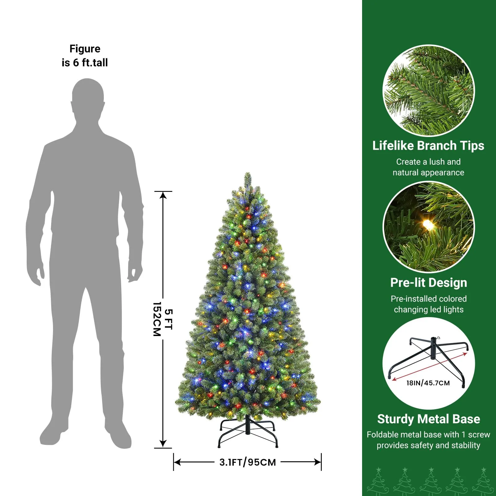 5ft Prelit Warm White & Color LED Changing Lights Premium Artificial Hinged Christmas Tree with Remote Control