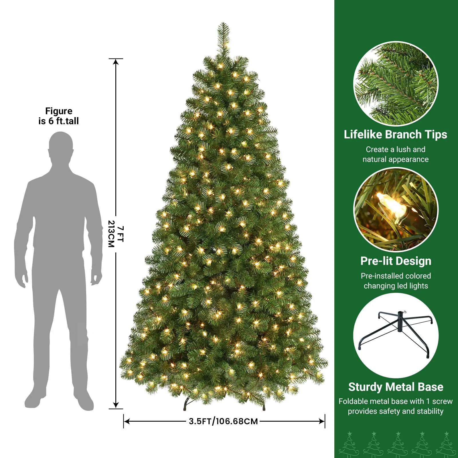 7ft Prelit Premium Artificial Hinged Christmas Tree with Warm White Lights