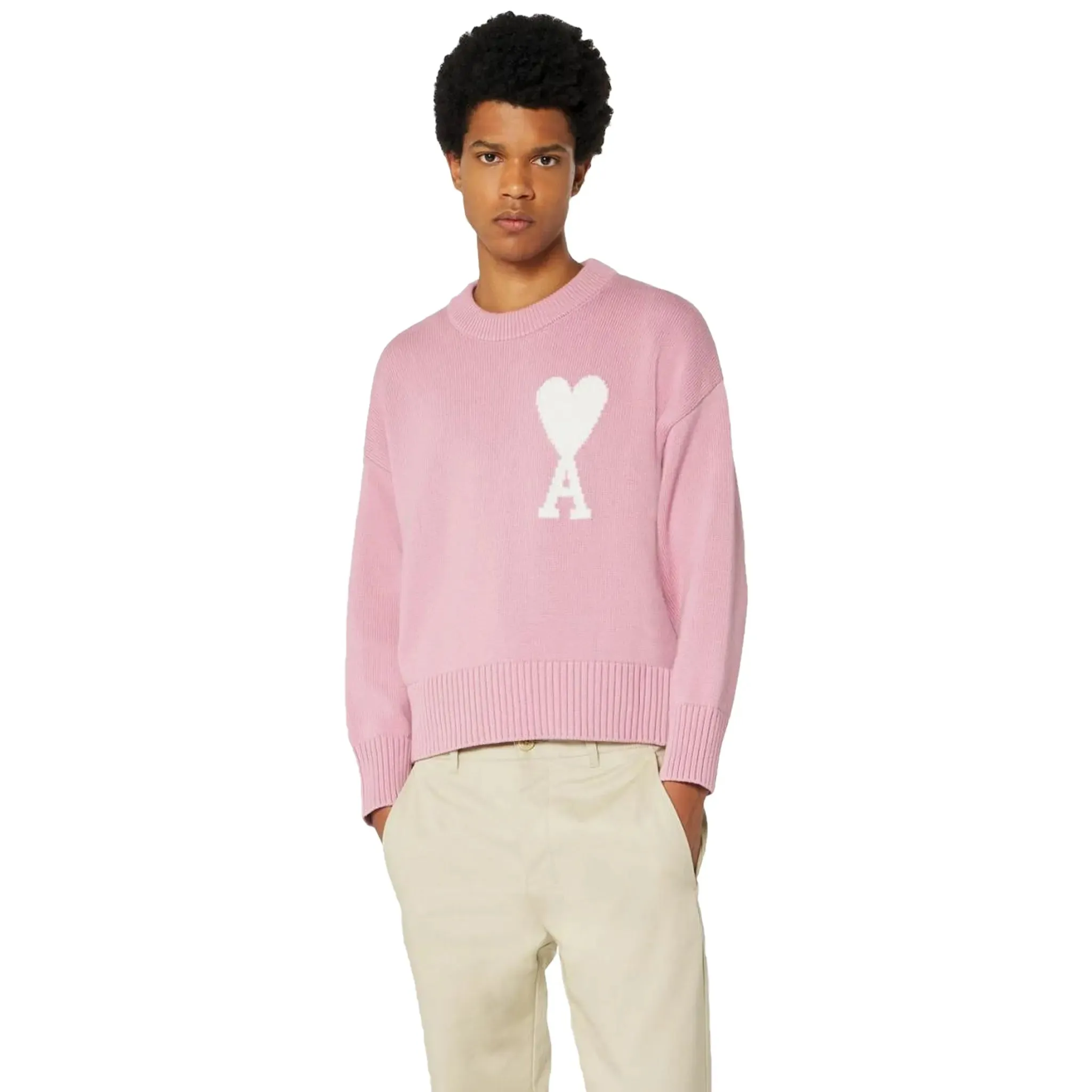 Ami Paris Ami De Coeur Logo Intarsia Pink Knit Sweatshirt