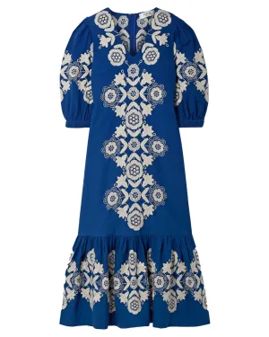 Blue Manuela Embroidered Puff Sleeve V-Neck Dress