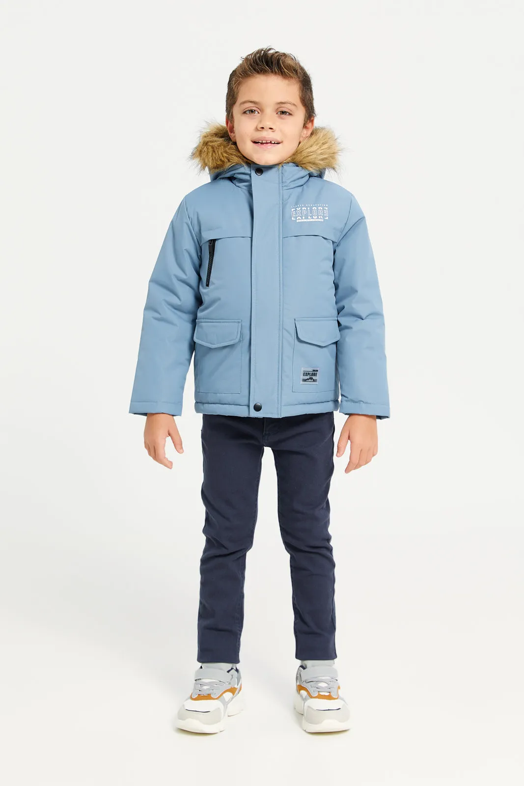 Boys Blue Padded Fur Hooded Jacket