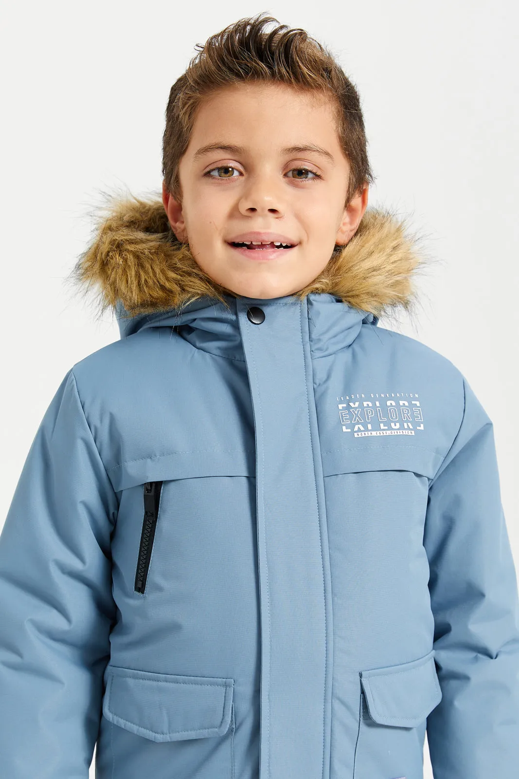 Boys Blue Padded Fur Hooded Jacket