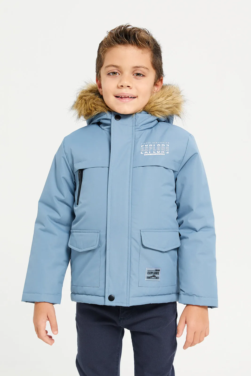 Boys Blue Padded Fur Hooded Jacket