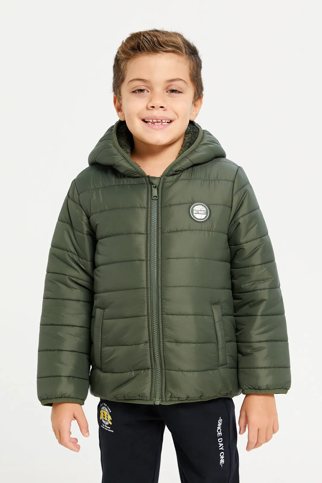 Boys Olive Puffer Jacket With Sherpa Lining