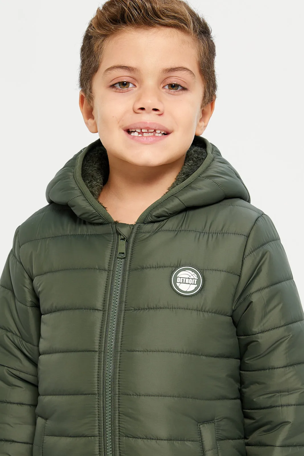 Boys Olive Puffer Jacket With Sherpa Lining