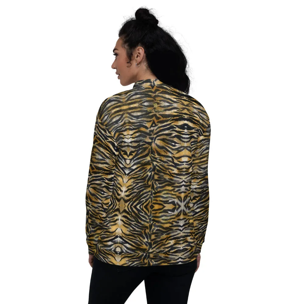 Brown Tiger Stripe Bomber Jacket, Animal Print Unisex Jacket For Men/ Women -Made in EU