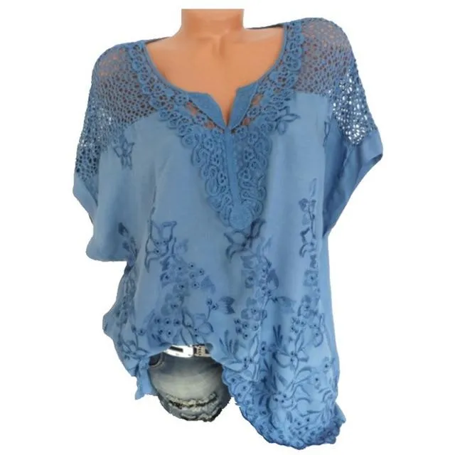 Casual Short Sleeve Loose Lace Patchwork Blouses Tops