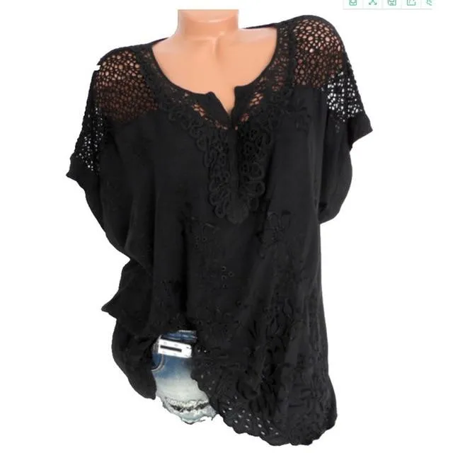 Casual Short Sleeve Loose Lace Patchwork Blouses Tops