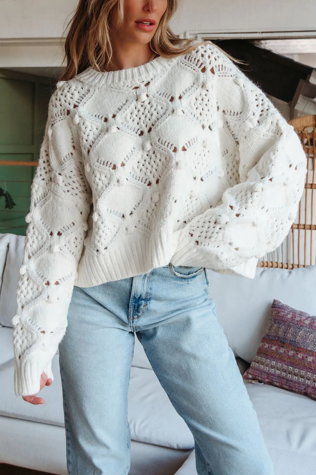 Cream Crochet Ribbed Pullover Sweater