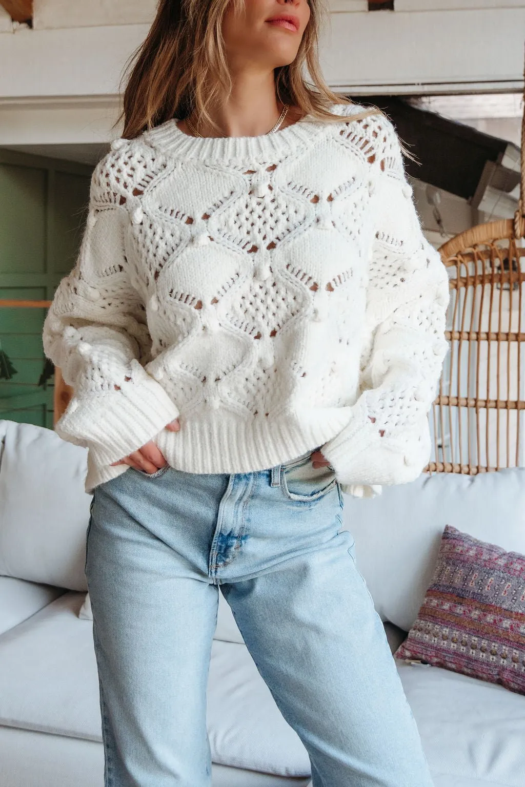 Cream Crochet Ribbed Pullover Sweater