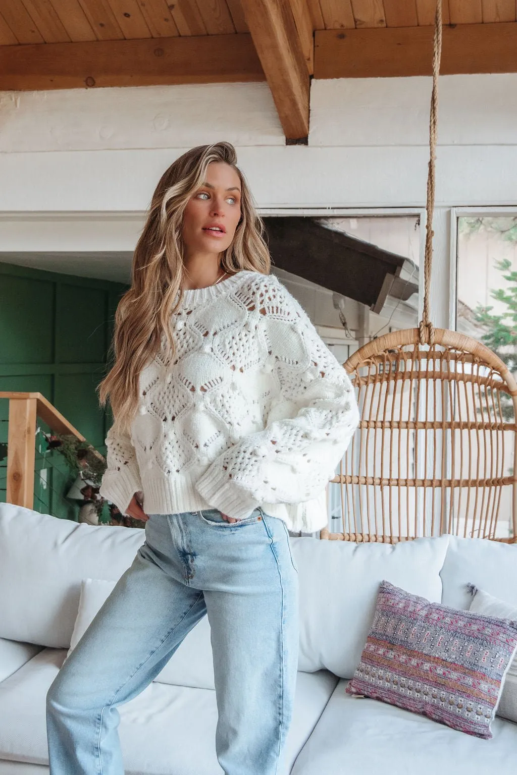 Cream Crochet Ribbed Pullover Sweater