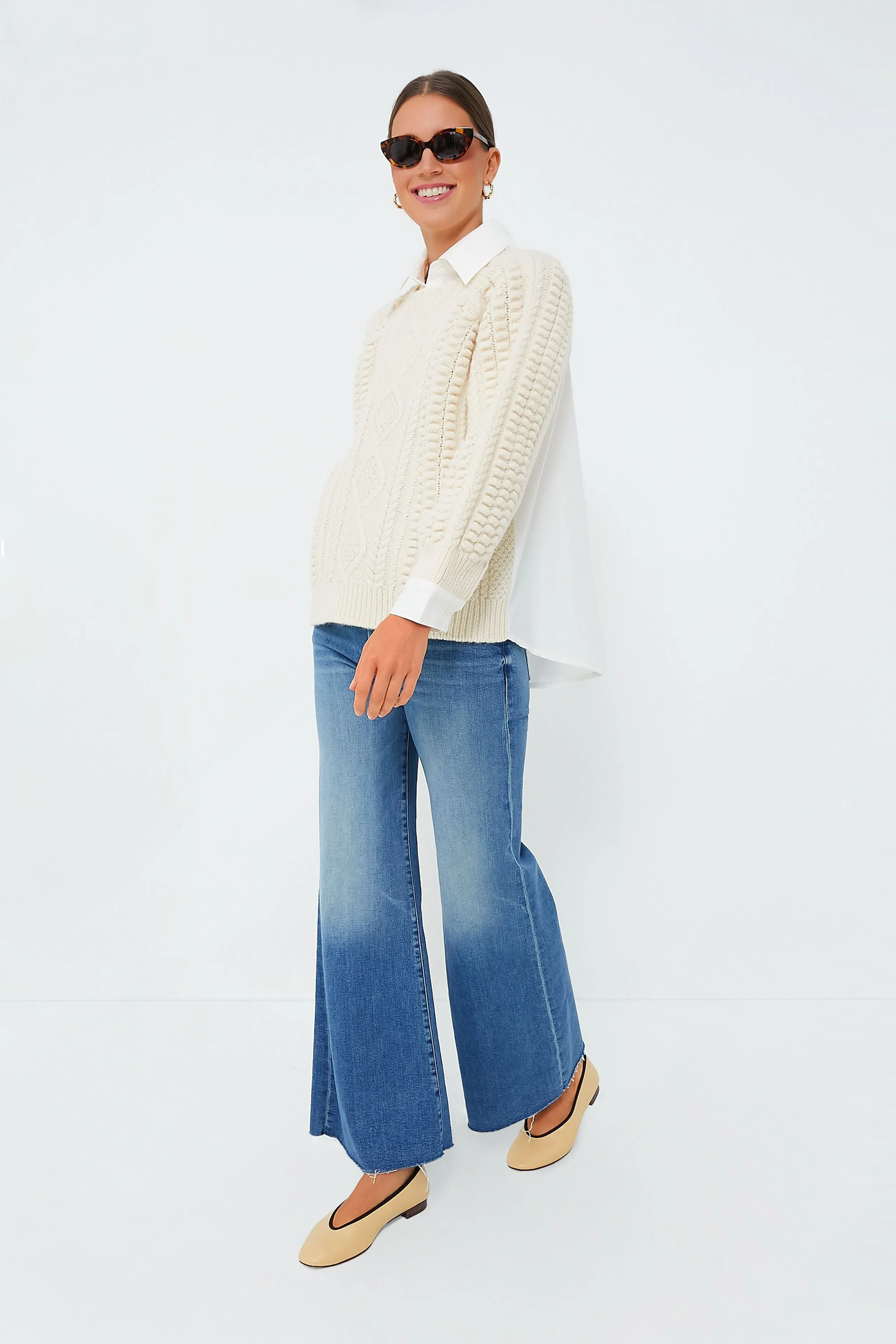 Cream Leni Fisherman Cable Long Sleeve Combo Sweater