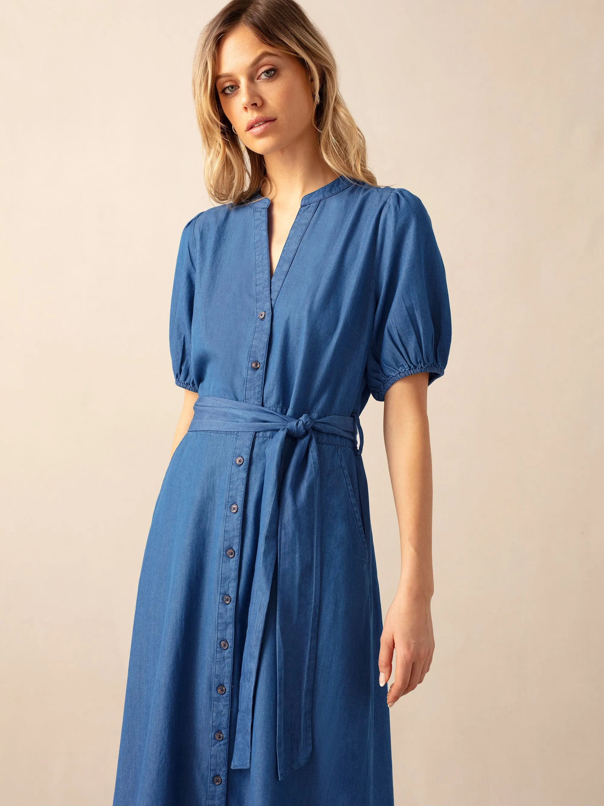 Denim Tencel Tie Waist Shirt Dress