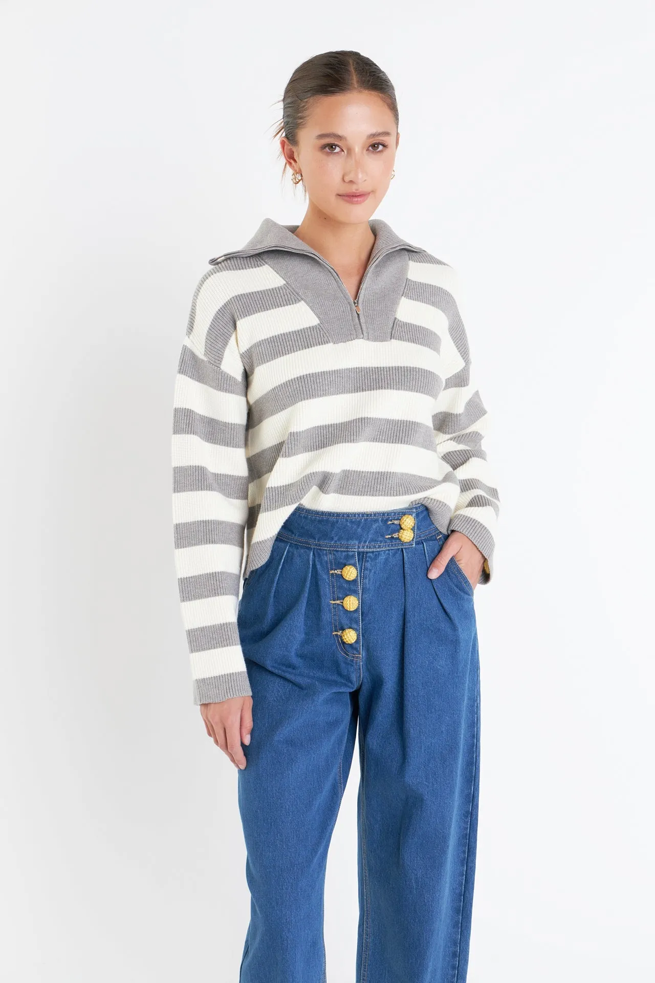 English Factory - Striped Half-Zip Sweater