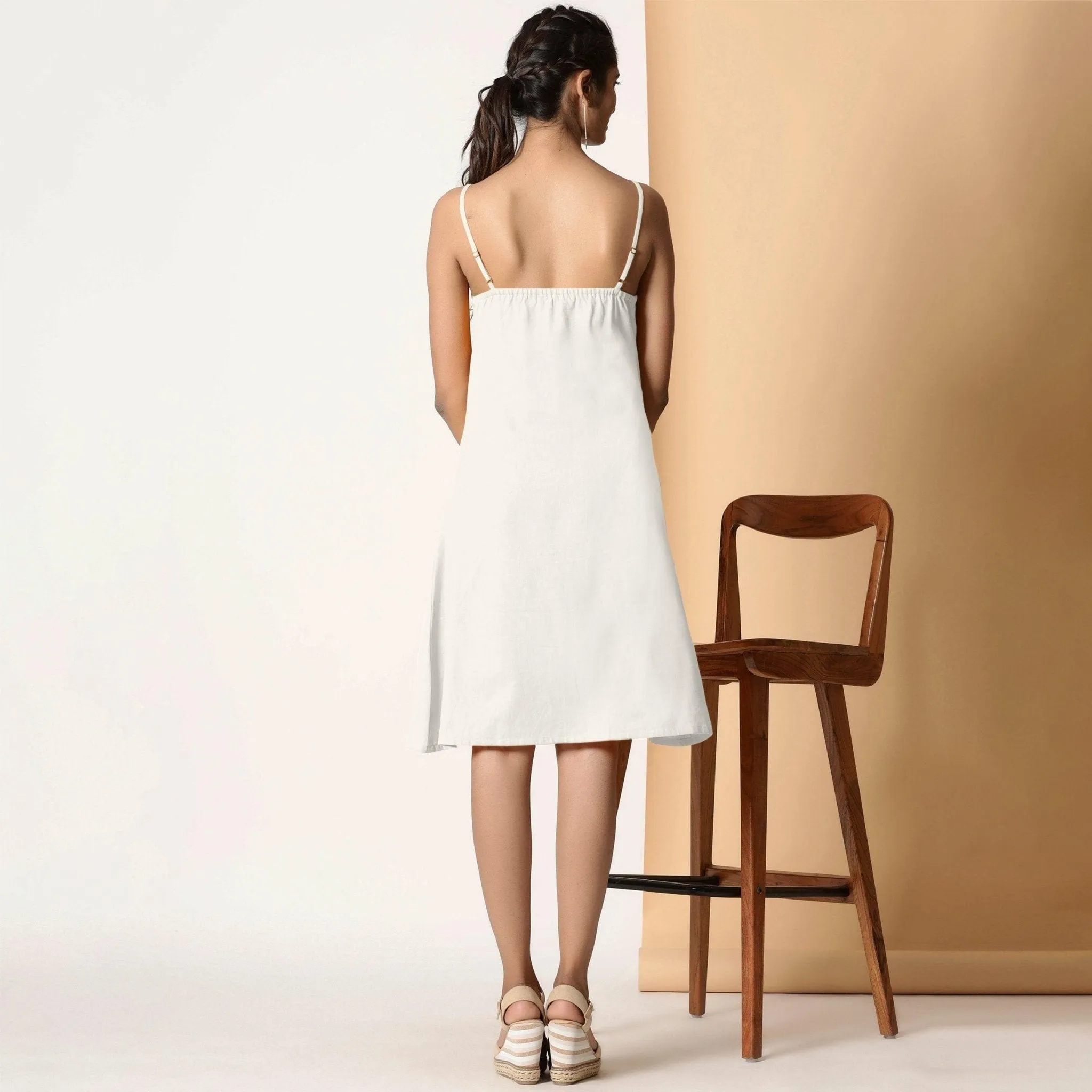 Frosted White Cotton Flax Knee Length Strappy Slit Dress