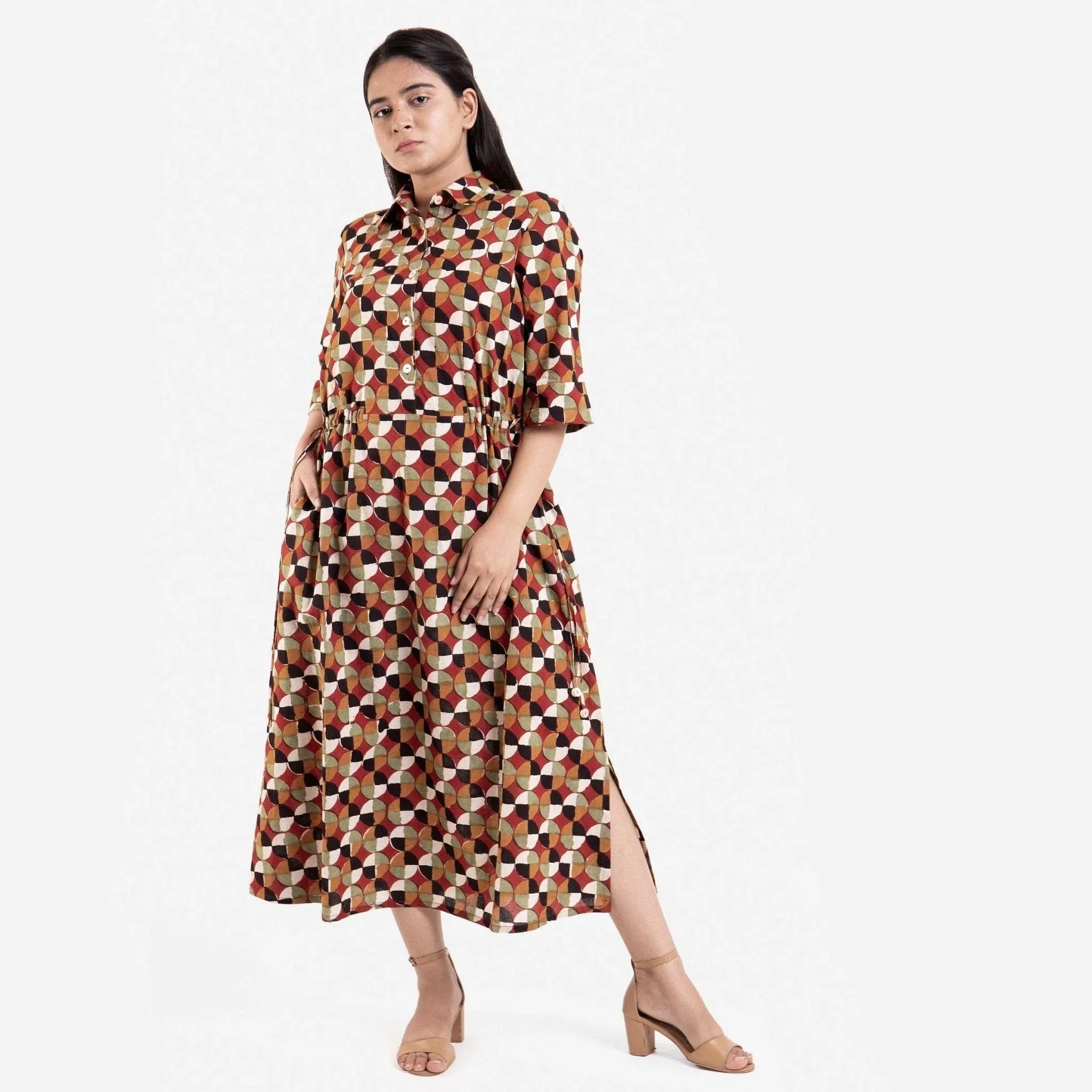 Geometric Cotton Block Printed Tie-up Maxi Shirt Dress