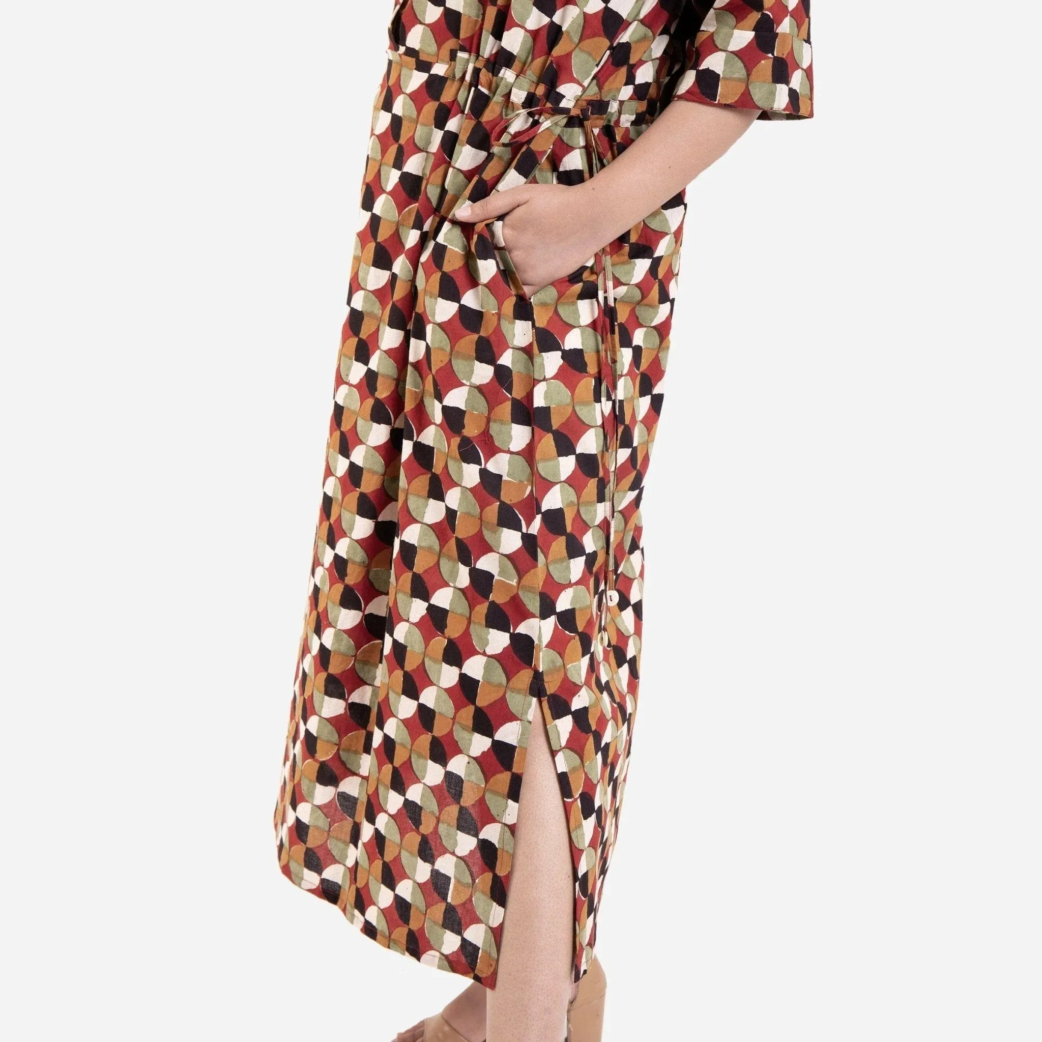 Geometric Cotton Block Printed Tie-up Maxi Shirt Dress