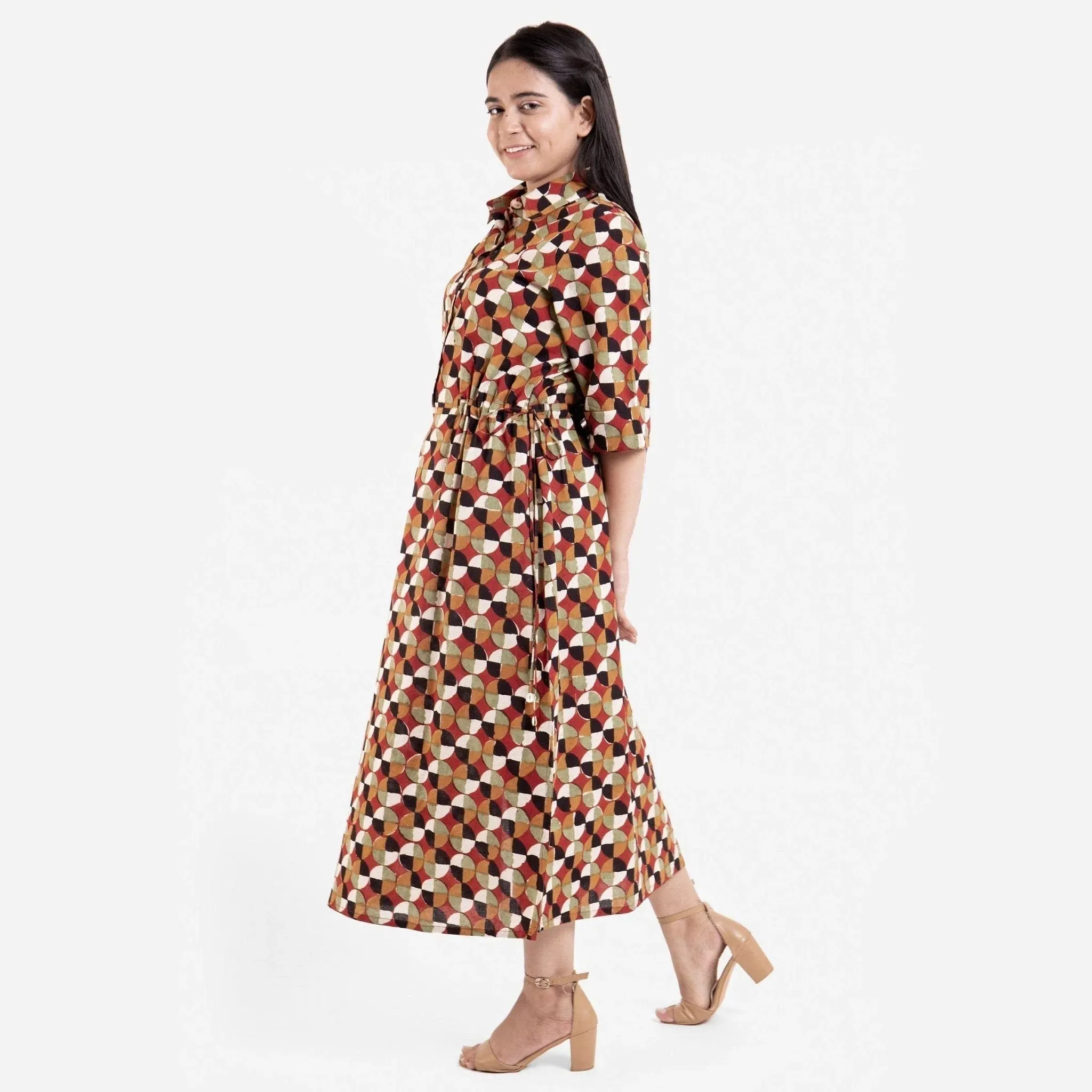 Geometric Cotton Block Printed Tie-up Maxi Shirt Dress