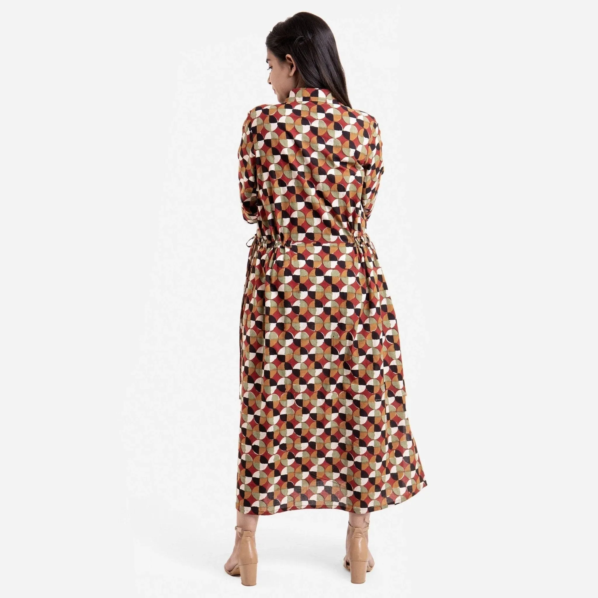 Geometric Cotton Block Printed Tie-up Maxi Shirt Dress