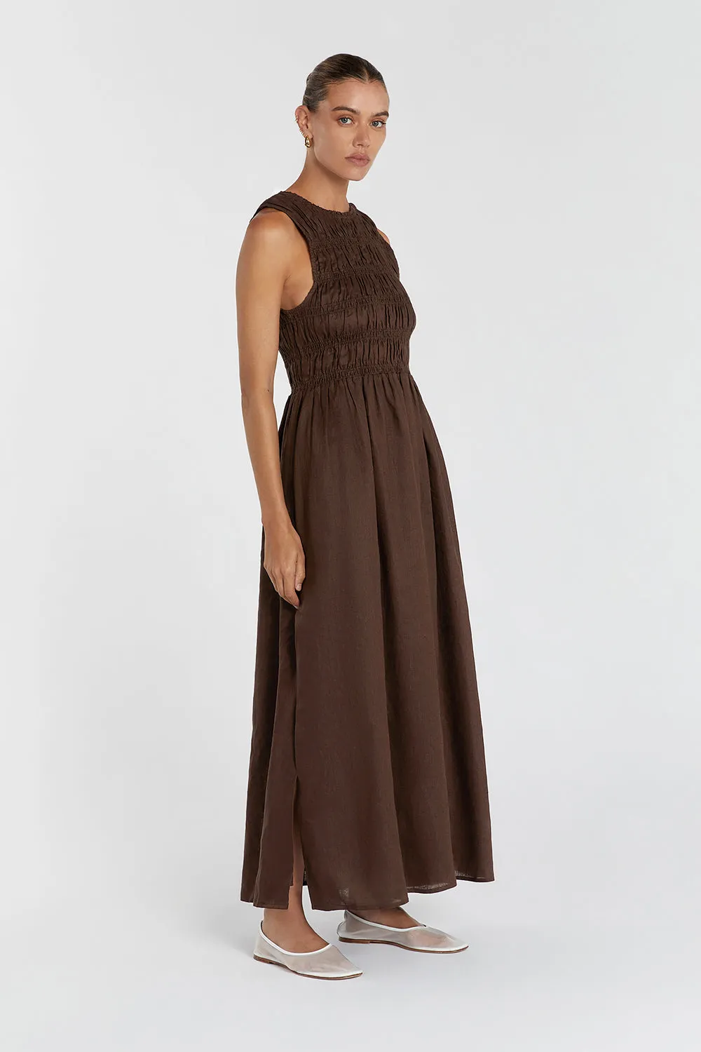 LESSI BITTER CHOC LINEN MAXI DRESS