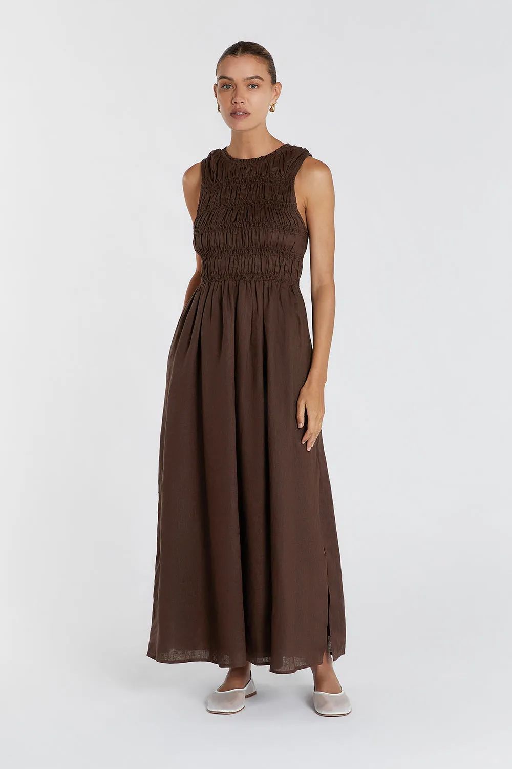 LESSI BITTER CHOC LINEN MAXI DRESS