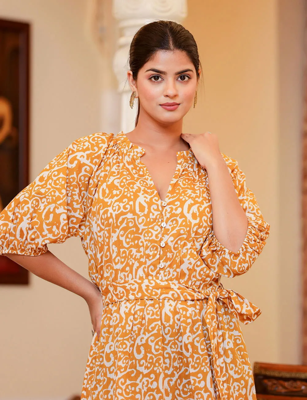 Mustard Printed Cotton Melta Dress (set of 1)