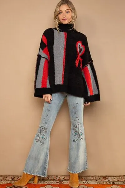 POL Turtleneck Color Block Fringe Detail Sweater