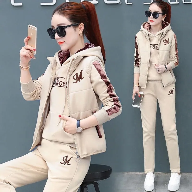 Purpdrank - 3 Piece Set Women Suit Tracksuit Winter Hoodies Vest Pants Track Suit Plus Velvet Warm Sporting Women Suits Female Clothes