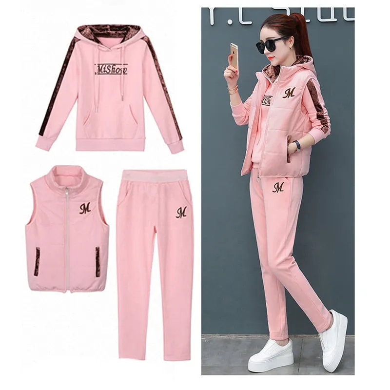 Purpdrank - 3 Piece Set Women Suit Tracksuit Winter Hoodies Vest Pants Track Suit Plus Velvet Warm Sporting Women Suits Female Clothes