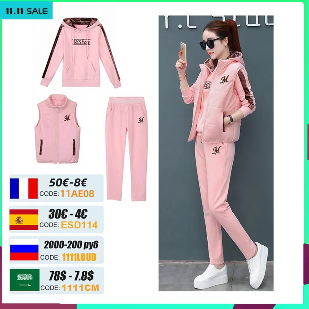 Purpdrank - 3 Piece Set Women Suit Tracksuit Winter Hoodies Vest Pants Track Suit Plus Velvet Warm Sporting Women Suits Female Clothes