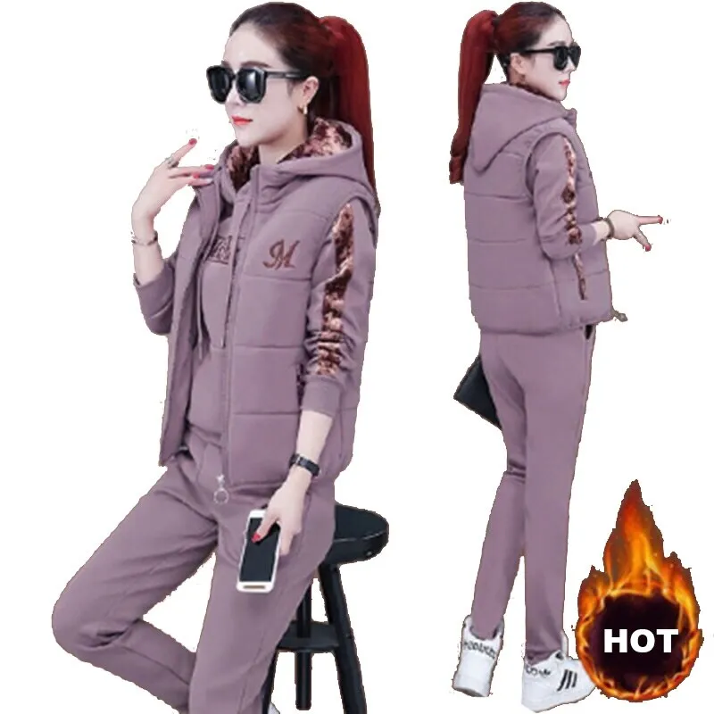 Purpdrank - 3 Piece Set Women Suit Tracksuit Winter Hoodies Vest Pants Track Suit Plus Velvet Warm Sporting Women Suits Female Clothes