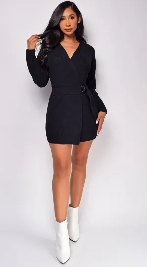 Rayne Black Long Sleeve Sweater Wrap Mini Dress