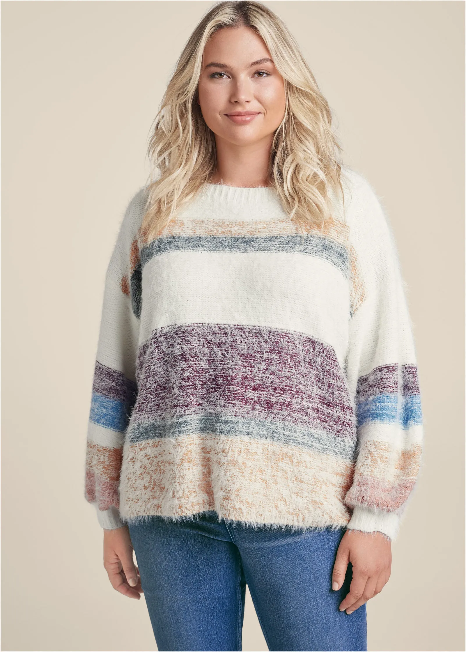 Striped Eyelash Sweater - White Multi