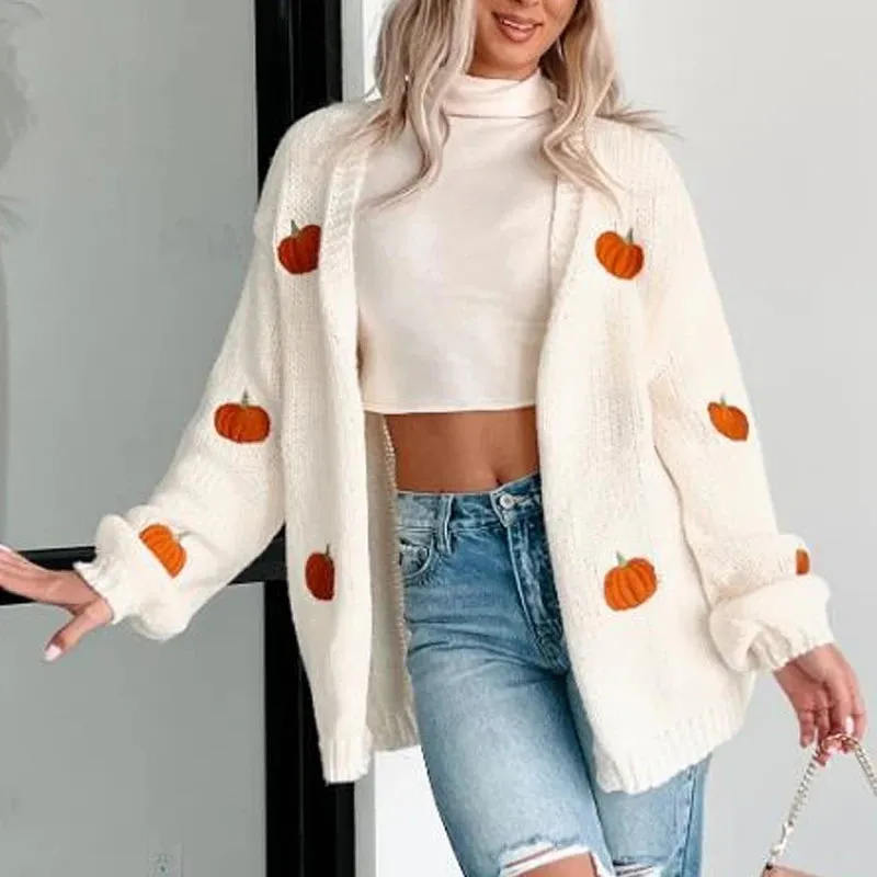 Toleet-Pumpkin Embroidery Long Sleeve Loose Sweater Coat Women's Open Front Knitted Cardigan for Spring Fall Oversized Knitwear Outwear