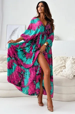 Zendaya Abstract Print Batwing Maxi Dress-Pink